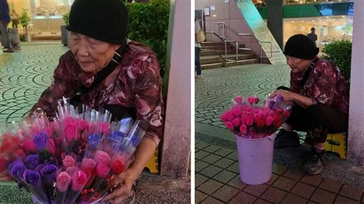 一名85歲的阿嬤為了扛起家計、養中風兒,在台北中山捷運站路邊賣花,只要有客人上前購買,她就會鞠躬道謝,嘴禮還不斷跟對方說「謝謝」。其他網友看到後,紛紛大推,希望用「心」台幣來幫助阿嬤。(圖/翻攝自爆料公社公開版)