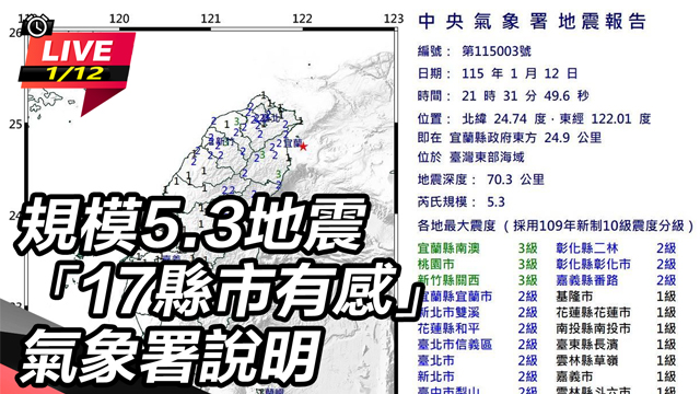 規模5.3地震「17縣市有感」氣象署說明