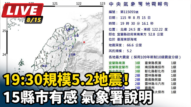19:30規模5.2地震！氣象署說明