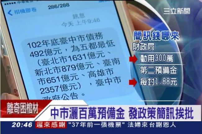 灑百萬發政策簡訊　胡志強：合法使用