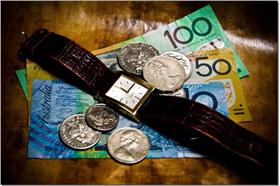 時間就是金錢.紙鈔.錢幣.手錶（圖片來源：專案管理生活思維）