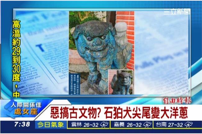 遭惡搞？石狛犬尾變洋蔥　帥氣樣盡失
