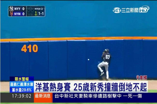 MLB／皮瑞拉為接球撞牆「腦震盪」