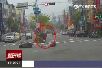 馬路三寶硬闖紅燈　害騎士急煞慘摔