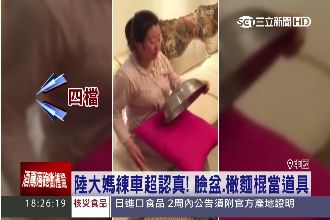 客廳就是練車場！大媽抓臉盆當方向盤