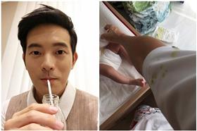 宥勝幫女兒換尿布時，被她的便便噴到。（圖／翻攝自臉書／合成）