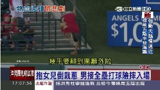 啊！老爸拚命接全壘打　抱女兒倒栽蔥