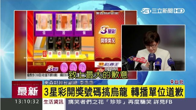 三星彩開獎出包　東森財經：取鏡有誤