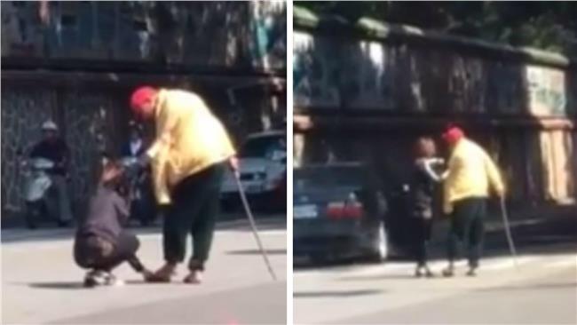 正妹好有愛！幫老伯穿鞋、扶過馬路