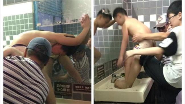 洗手台標示：僅供洗手　陸客當眾洗澡