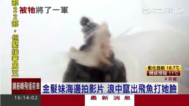 金髮妹拍影片　海中突竄出一物狠打臉