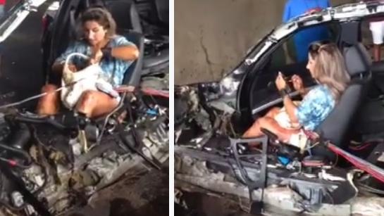 超淡定！車禍倖存女乘客殘骸中補妝