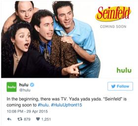 ▲Hulu在Twitter上宣佈Seinfeld即將上架