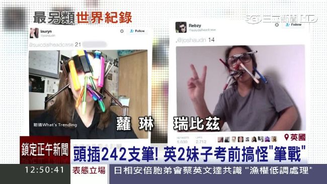 英少女搞怪「筆戰」　頭插242支筆