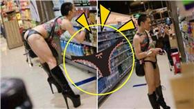 妖嬌,賣場,奇裝,露肚,丁字褲,皮革,平頭,膝上靴,麻辣,吸睛,男子▲圖／翻攝畫面