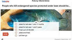 龍王鯛,投票（圖／翻攝自AsiaOne）
http://news.asiaone.com/news/asia/public-outcry-over-killing-endangered-wrasse-home-stay-owner-taiwan