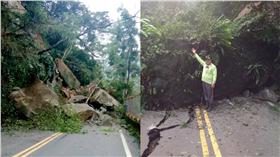 尖石鄉錦屏村那羅青蛙石處巨石落下，人車無法通行。