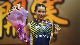 羽球好手戴資穎（圖）3日在台北羽球公開賽冠軍賽， 擊敗世界第8的中國大陸女將王適嫻，拿下冠軍。 中央社記者徐肇昌攝 105年7月3日