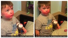 ▲小男孩偷擦口紅被抓包。（圖／翻攝自《每日郵報》）
http://www.dailymail.co.uk/femail/article-3756118/Little-boy-caught-red-handed-red-faced-stealing-sister-s-make-Minion-got-makeover.html