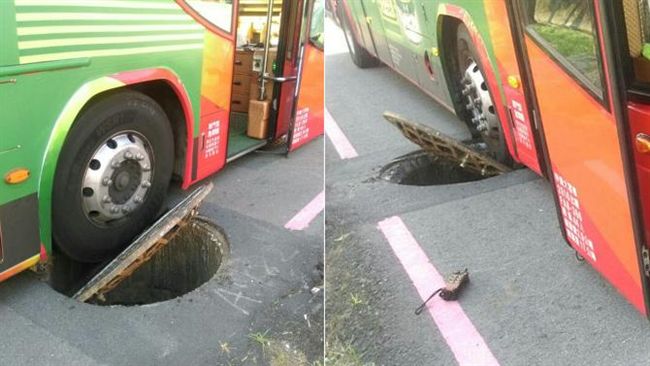 桃機犯太歲？人孔蓋險吞噬客運車輪