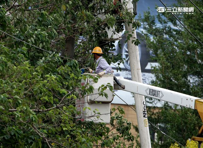 台電人員忙著搶救被梅姬颱風掃斷的電力。（記者邱榮吉/攝影）