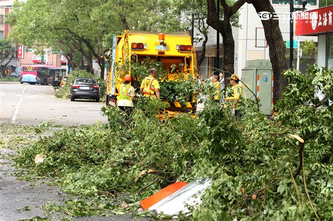 「梅姬」強風豪雨後路邊還有清不完的枝葉。（記者邱榮吉/攝影）