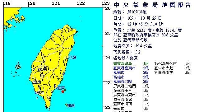 下午12:45地震　芮氏規模5.2
