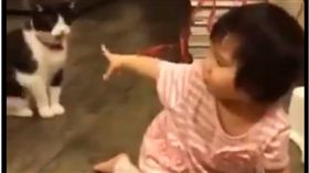 小女孩指著害自己跌倒的喵星人。（圖／翻攝自臉書）