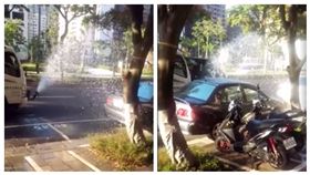 ▲灑水車澆灌路樹停車格機車全遭殃。（圖／翻攝自爆料公社臉書）
https://www.facebook.com/ji.c.zheng/videos/1253645971358139/