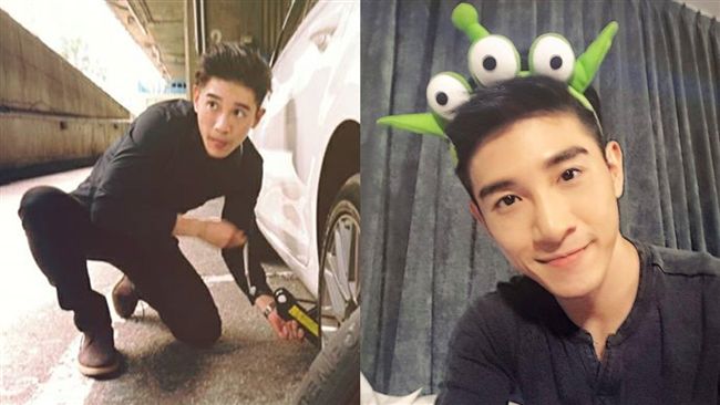 張立昂吐舌耍萌！親蹲跪地自換車輪胎