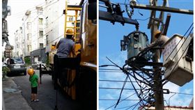 兒子抬頭仰望台電出勤父親，搶修電箱。（圖／翻攝自爆料公社）