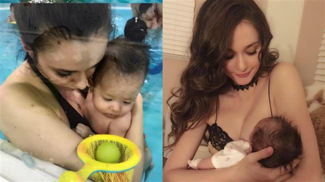 女兒游泳扯比基尼找奶喝　瑞莎好害羞