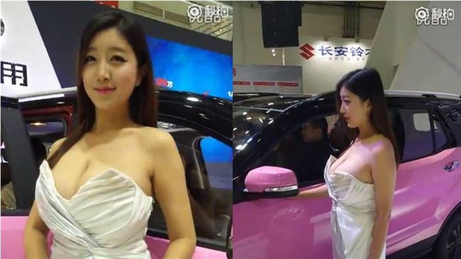 好大的車頭燈！車模大秀超深事業線
