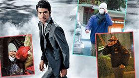 金城武把自己包得密不透風，像個木乃伊，看上去頗為怪裡怪氣，把男神的風采完全包住。