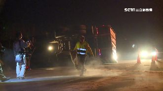 貨櫃車為閃狗翻車　差3公尺險撞鐵軌