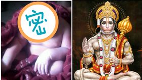 患小丑魚鱗癬男嬰，與印度教猴神哈奴曼（Hanuman）長得相當相似。（合成圖／翻攝自英國《都市報》、thedivineindia.com

）