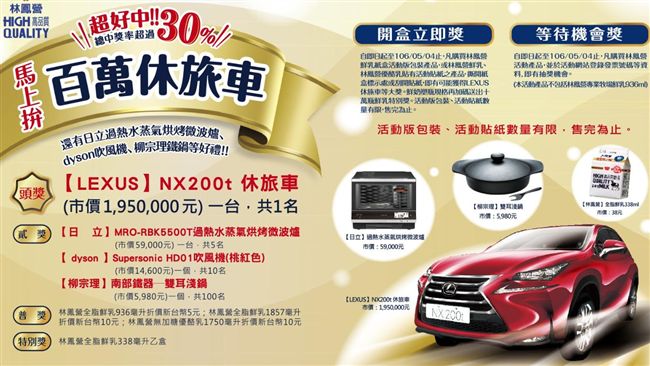 送百萬還不夠？味全加碼抽百萬休旅車