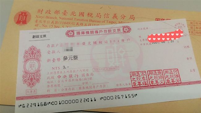 國稅局寄退稅支票　一打開只有3元…