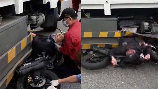 機車擦撞垃圾車　騎士驚捲車底卡底盤