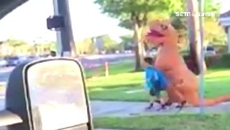 驚見暴龍牽童過馬路　背後真相有洋蔥