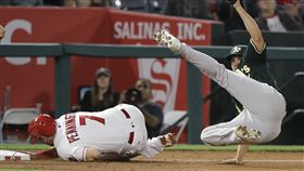 運動家投手Kendall Graveman獨自完成雙殺守備。（圖／美聯社／達志影像）