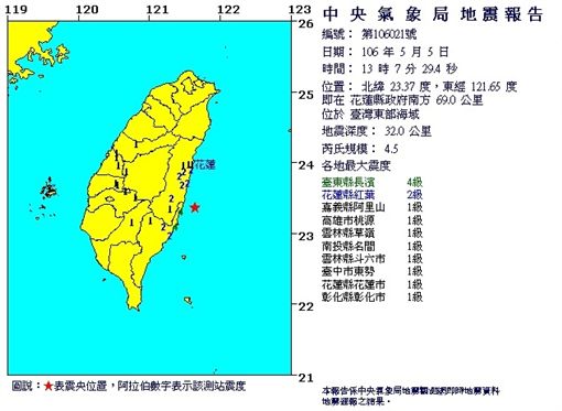 20170505，花蓮，地震（圖／翻攝自中央氣象局）