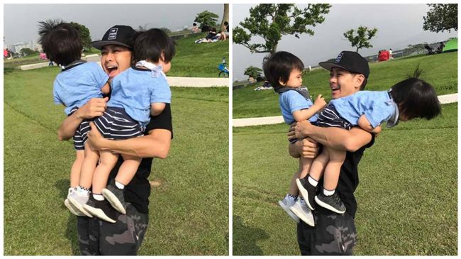 抱起雙胞胎兒　林志穎：要鍛鍊手臂了