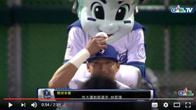 ▲弟弟林哲瑋射箭開球，林哲瑄打趣將球放頭上。（圖／截自CPBL TV）