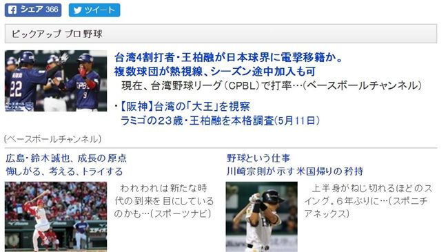 中職超強打王柏融　攻佔日本雅虎首頁
