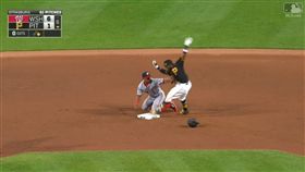 Josh Harrison躍起躲過觸殺（翻攝自MLB）