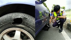 關山派出所員警高強使用千斤頂幫助民眾處理爆胎（圖／翻攝自臺東縣警察局關山分局）