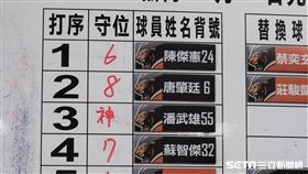 潘武雄賽前打序表被寫上「神」，果真在今晚比賽繳出超神表現。（圖／記者王怡翔攝）