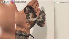 藝術家用手將畫作轉印到紙上。