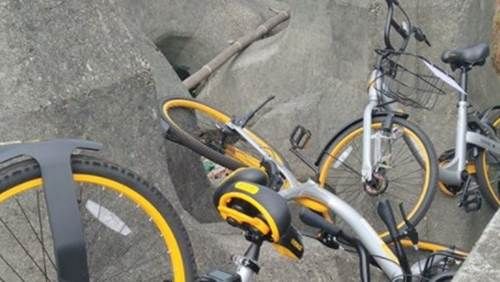 oBike又遭惡搞　丟下海躺消波塊